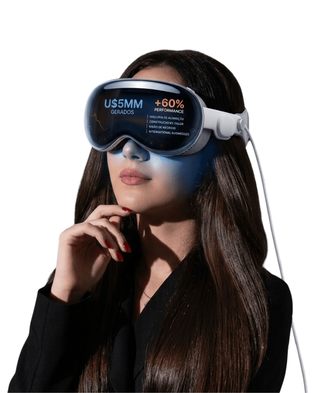 Especialista usando um headset de realidade aumentada com métricas de performance